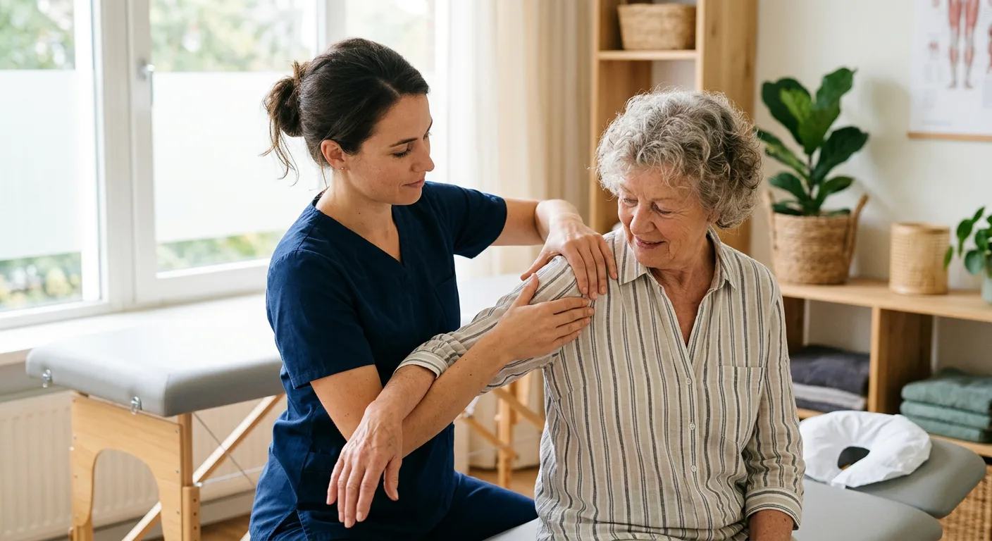 Fysiotherapeut behandelt schouder van patient